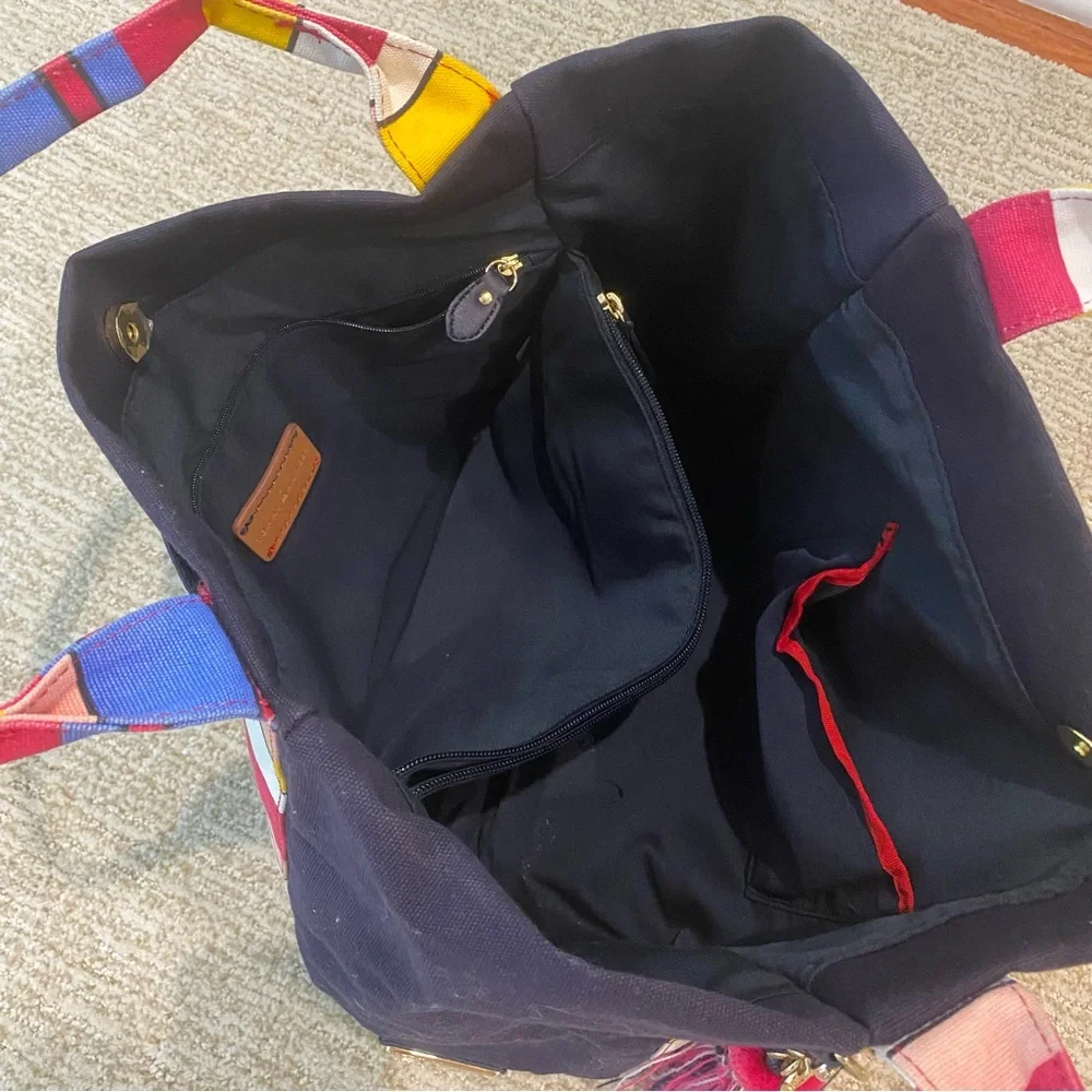 Tommy Hilfiger Adelina XL navy blue canvas tote multicolor stripe tassel NWOT